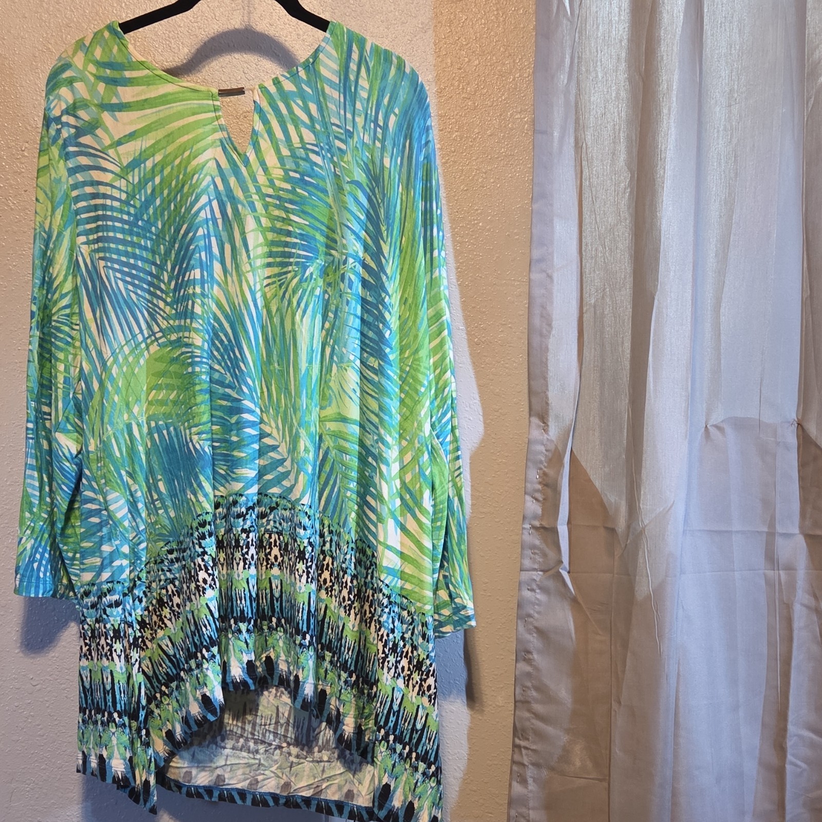 Ruby Rd. Womens Plus Size 1X Green Blue Tropical V-Neck 3/4 Sleeve Tunic Top