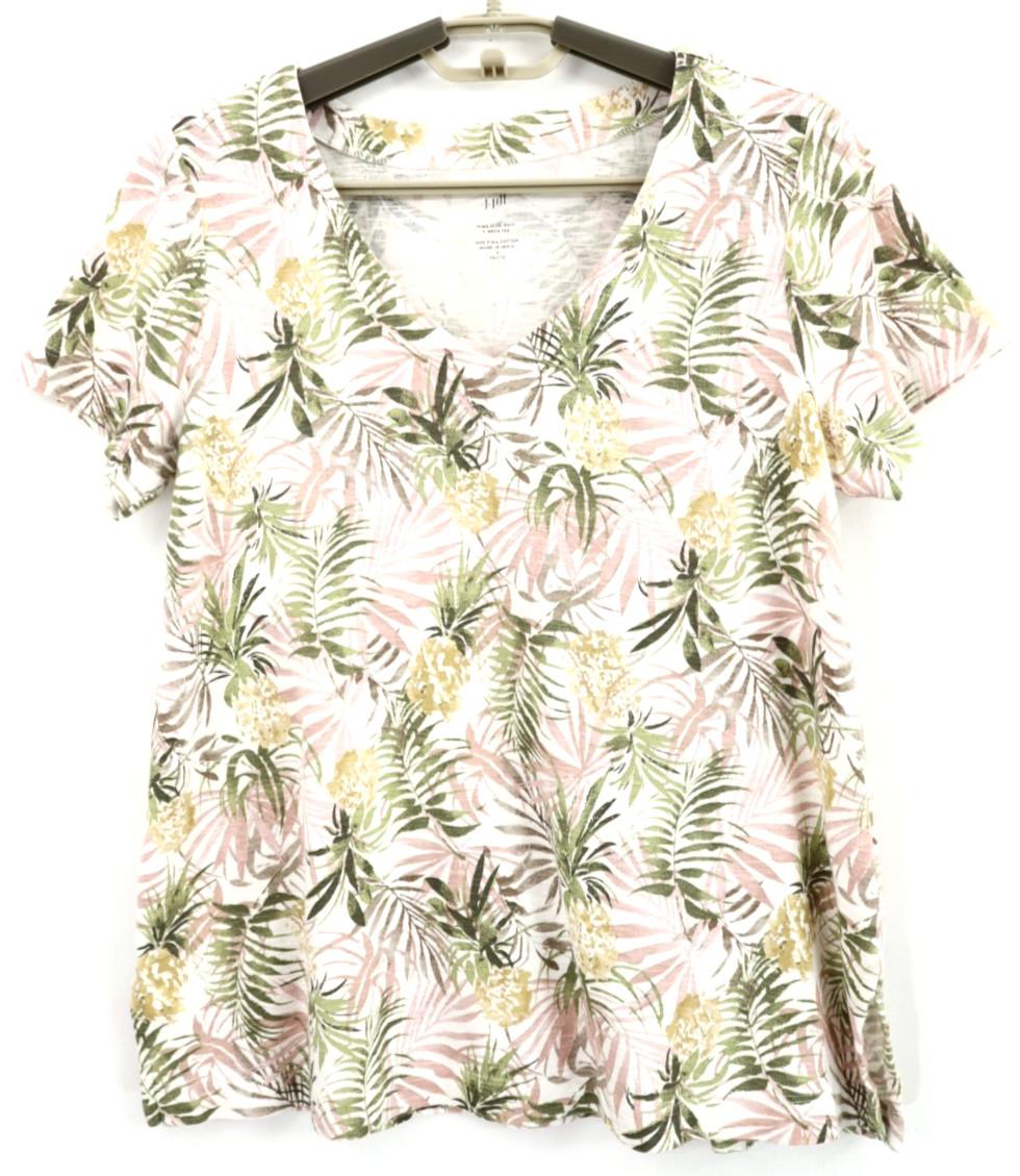 J JILL Women’s Pima Cotton Knit Top Short Sleeve Pineapple Multicolor PS PETITE