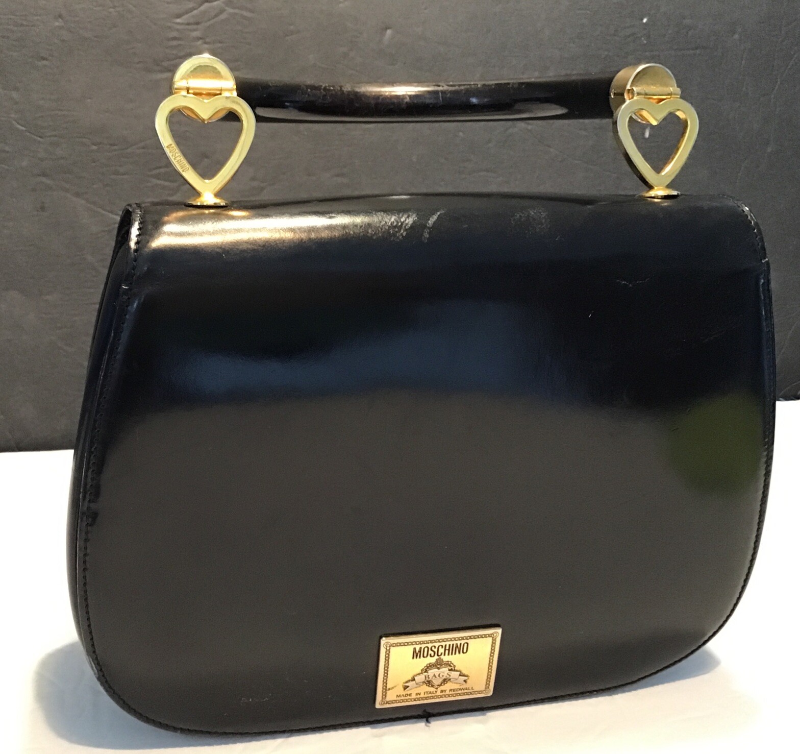 RARE 1990’s VTG. MOSCHINO / REDWALL LOVE & PEACE Black Patent Leather Handbag