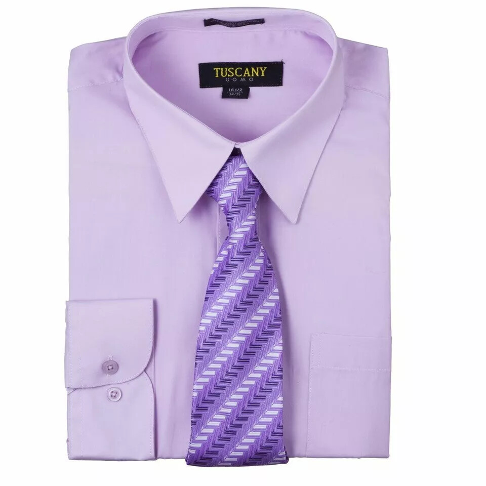 Men’s Dress Cotton-Blend Shirts W/ Matching (Random design) Tie Set -Lilac