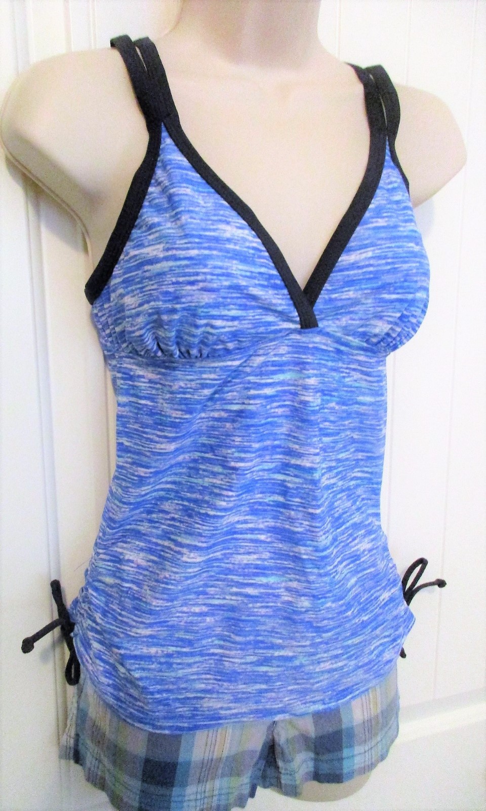 Free Country, Peri Mist/Steel Trim, Tankini Swim Top, Nylon/Span, S, EUC