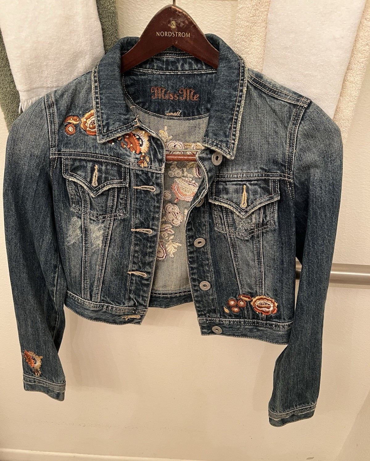 Miss Me Women’s Blue Embroidered Floral Button Jacket w/ Pockets, Size S