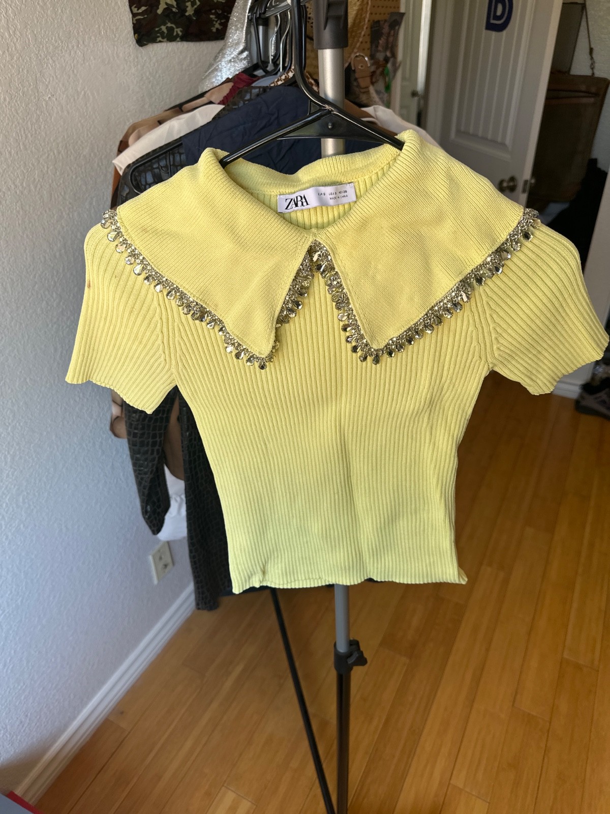 Zara top jeweld collar small yellow/green