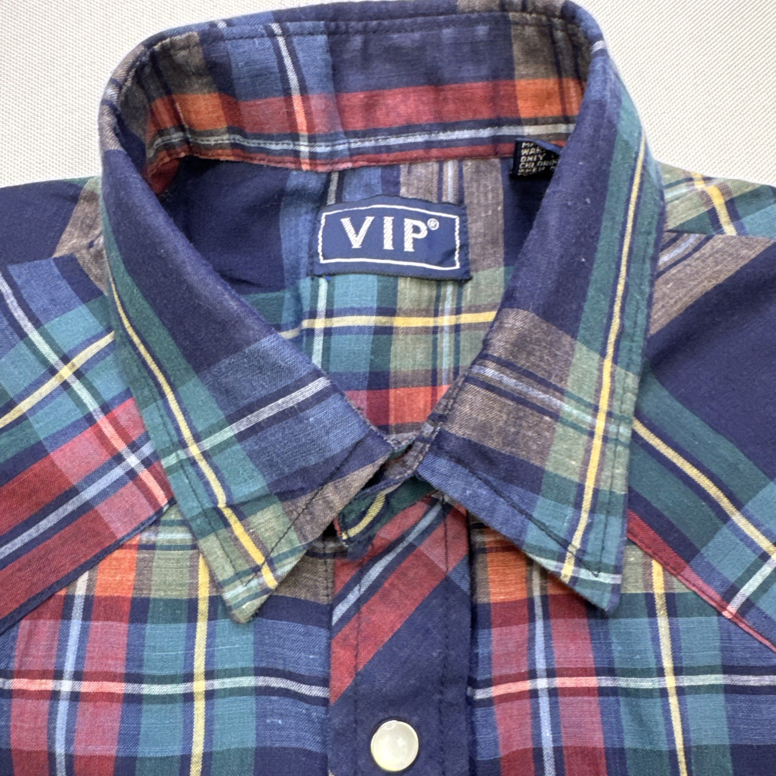 Vintage VIP Western Snap Shirt Mens S 90s Plaid Check Pearl Cowboy Ranch #0210