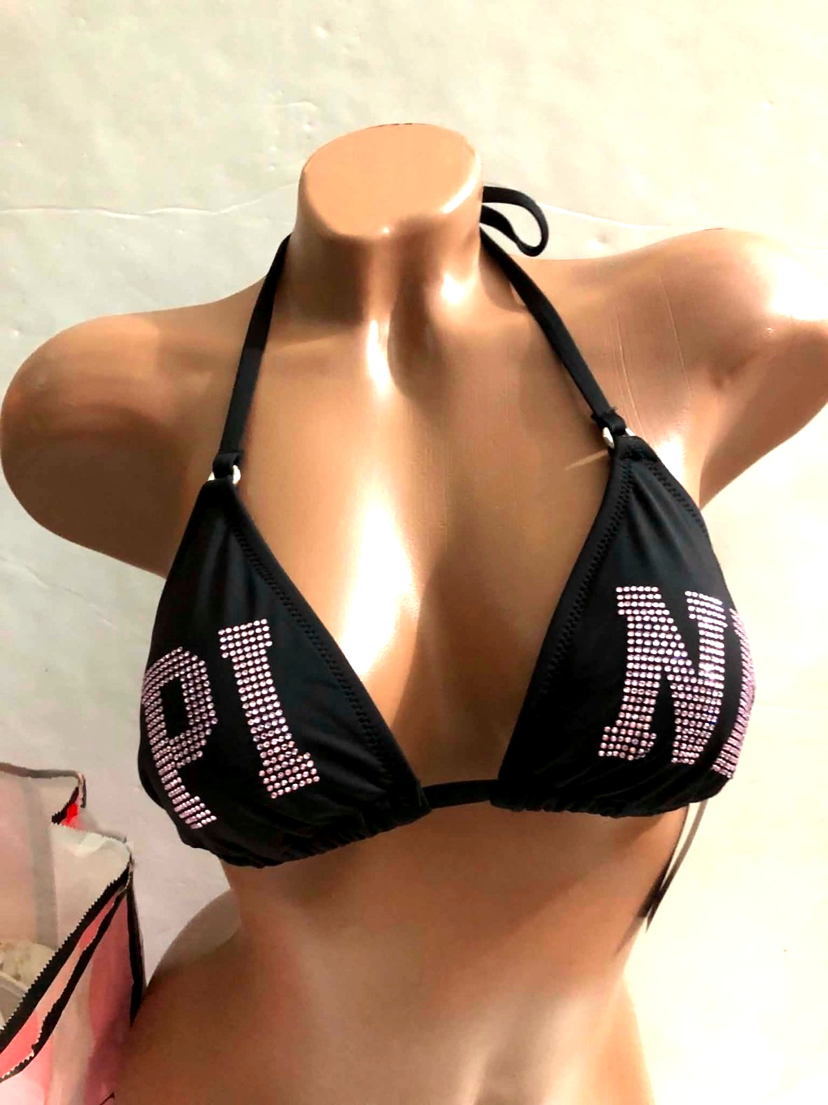 Victoria’s Secret Pink Black Bling Pink Logo Triangle String Bikini Swim Top NWT