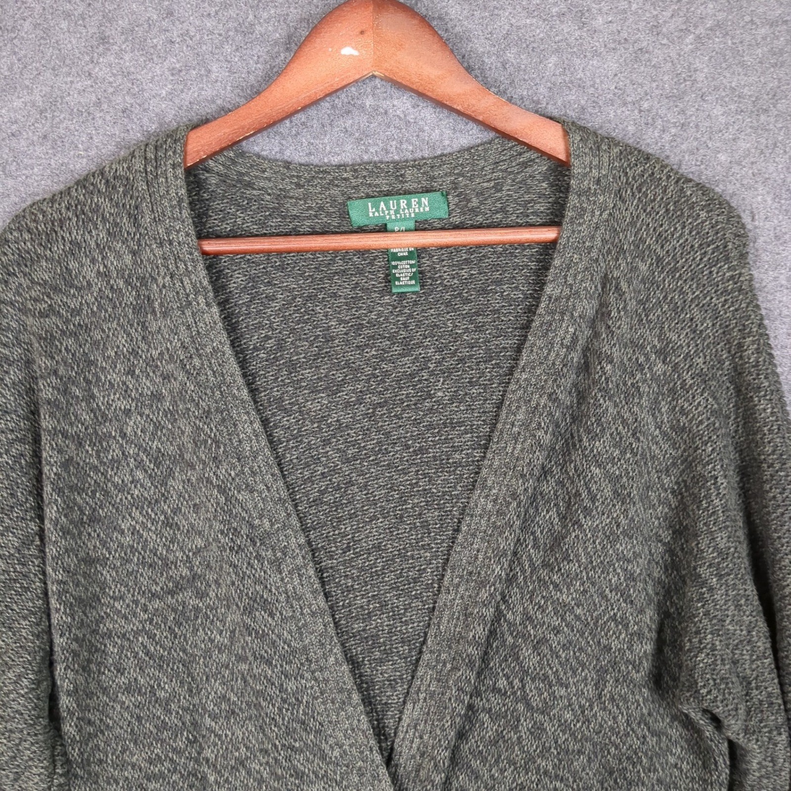 Ralph Lauren Petite Large Olive Green Marl Cotton Surplice Cardigan Sweater