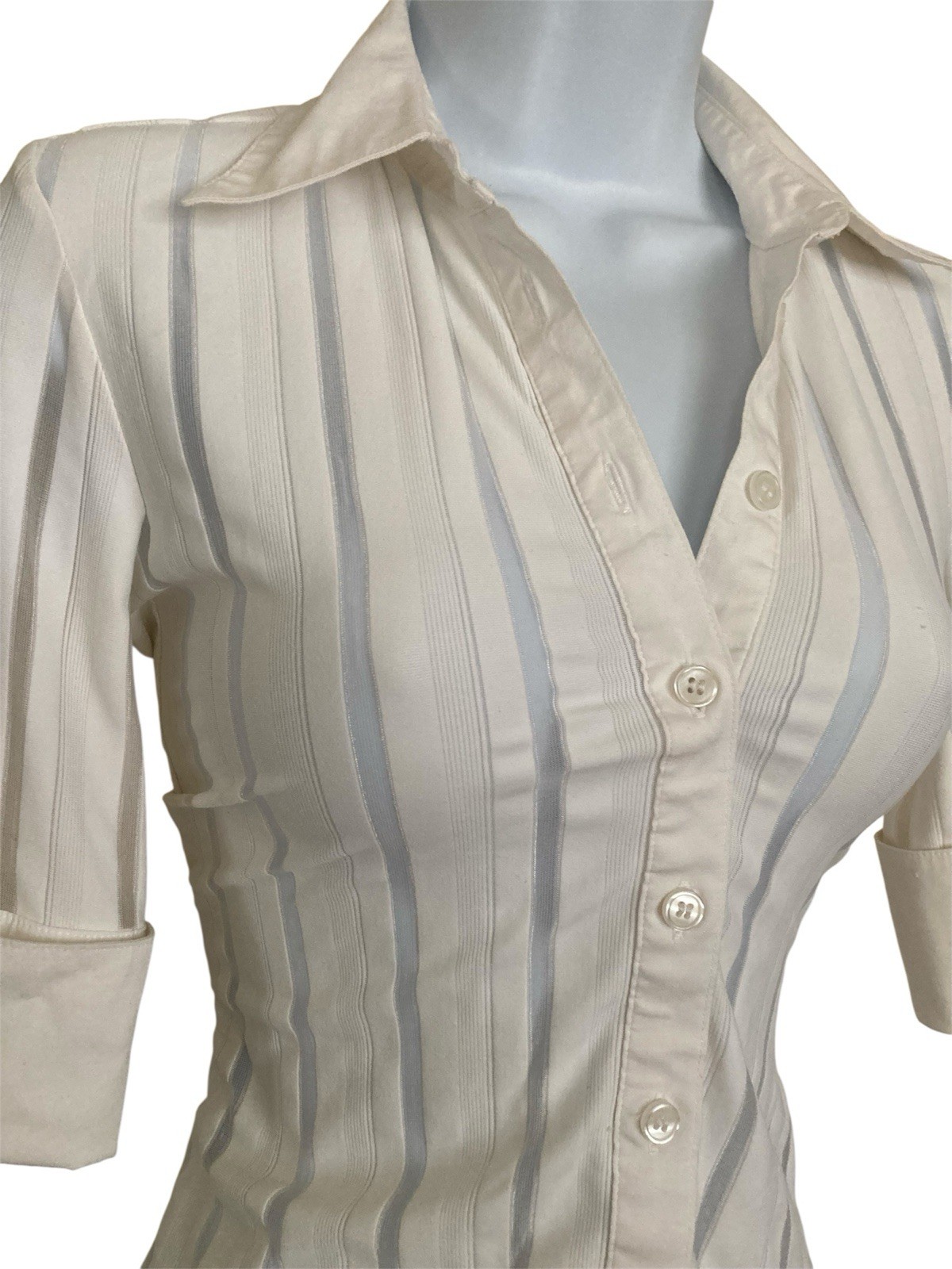 Vintage 90s Y2k White Mesh Office Fitted Button Down 3/4 Sleeve Collared Shirt
