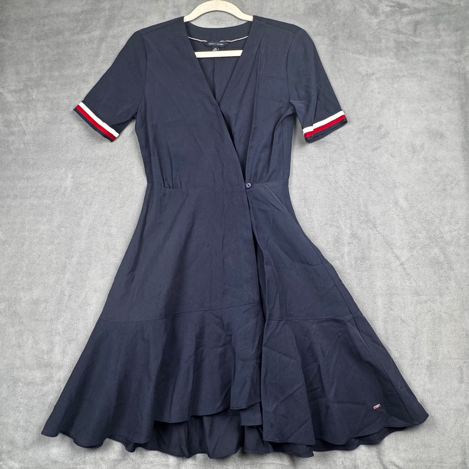 Tommy Hilfiger Navy Blue Faux Wrap Midi Dress Red White Stripe Cuffs XS
