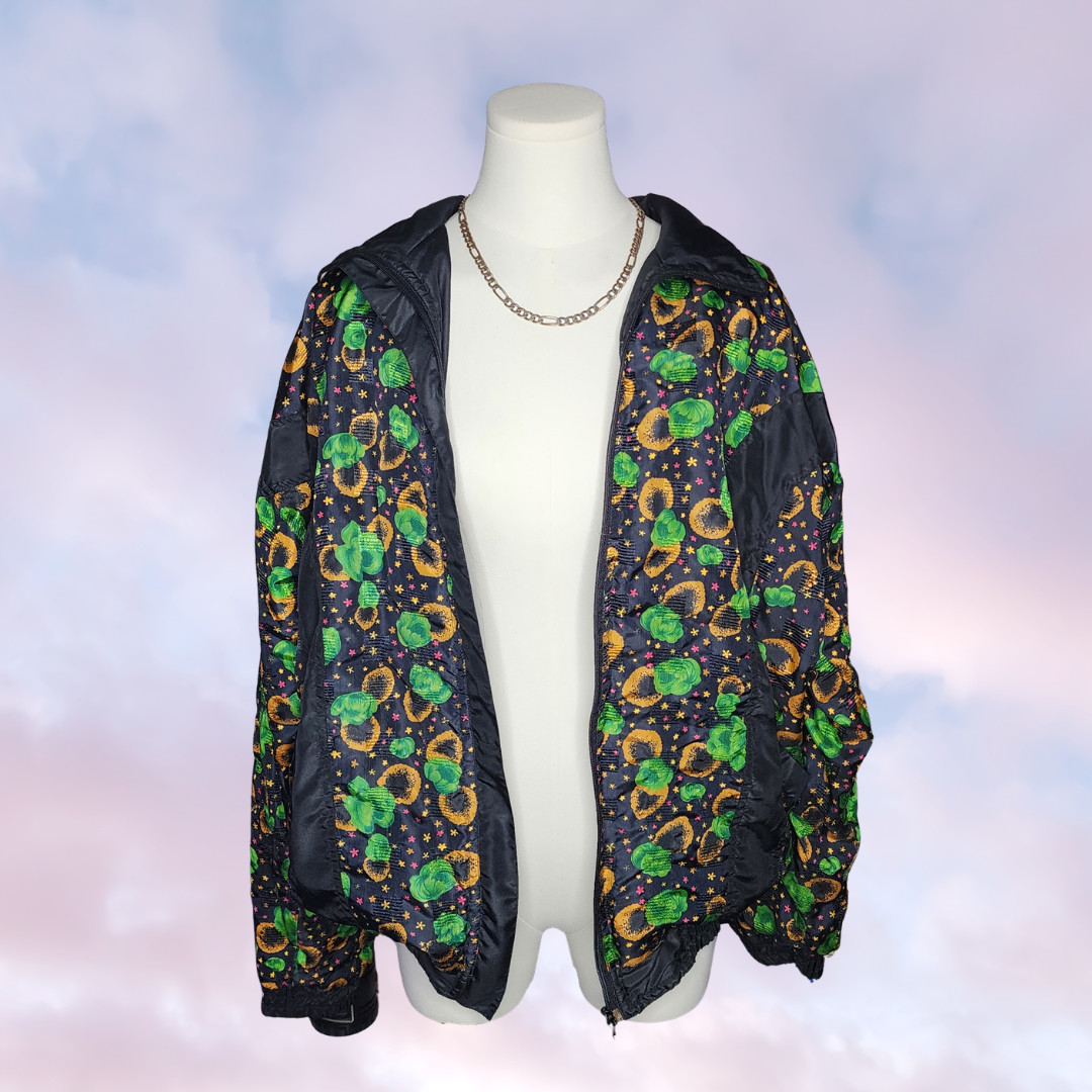 Vtg 80s Miramax Colorful Zip Up Windbreaker Floral Black Green Yellow Stars L