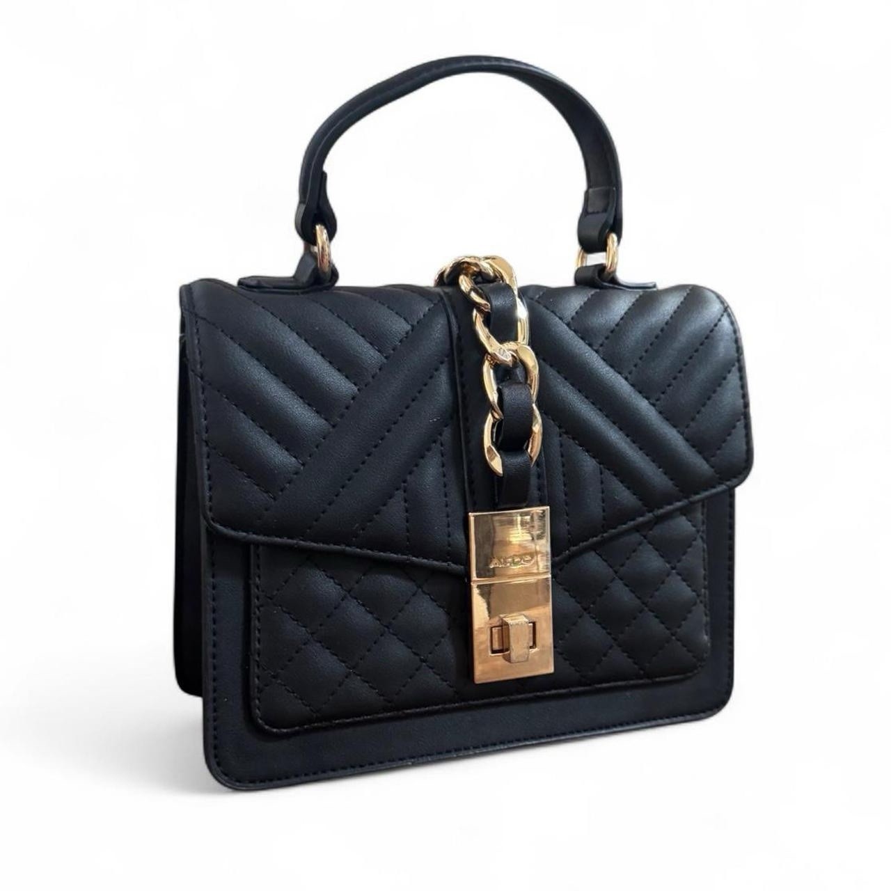 ALDO Black Quilted Satchel Top Handle Bag w/ Adjustable Strap, Push Lock/Zip