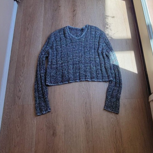 Y2K Grey Chunky Knit Flecked Cropped V-neck Sweater – XS/S