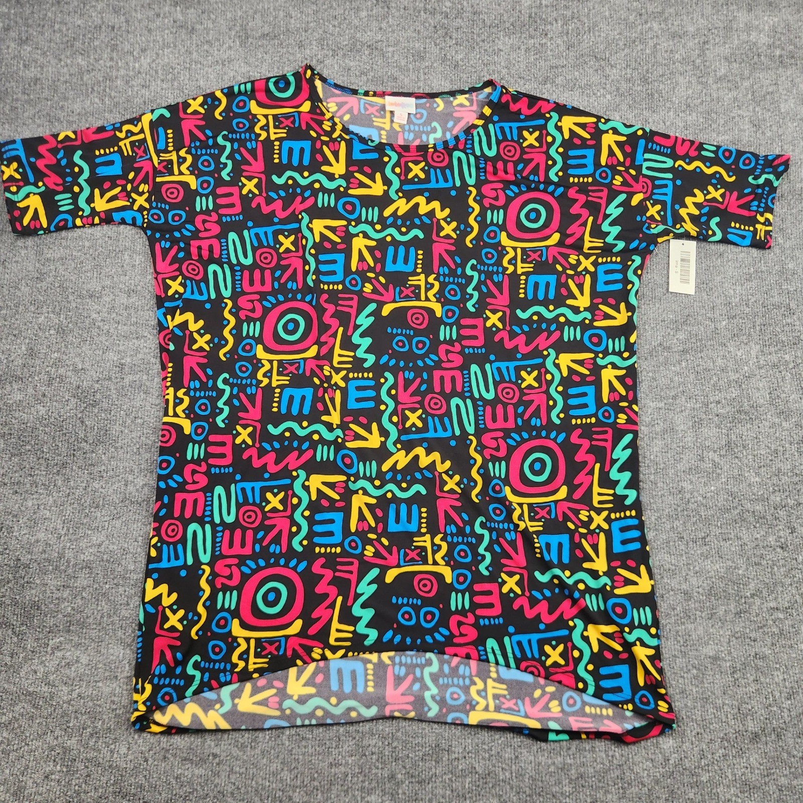 LuLaRoe Irma Tunic Top Small Black Neon 90s Abstract Doodle High Low Short Slv