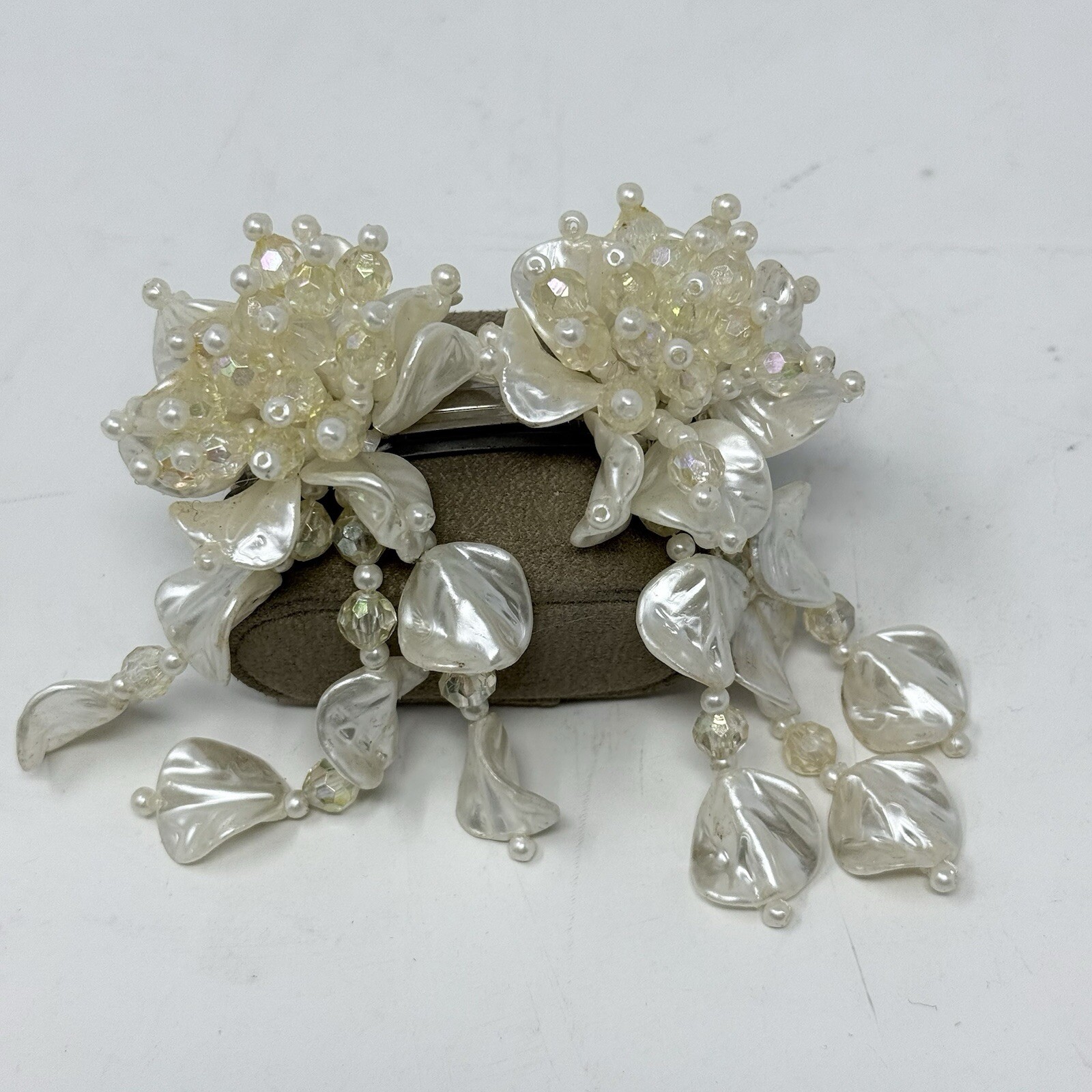 Vintage Hair Clips Barrette Faux Pearl Beaded Dangle Shell Look Flower Bow