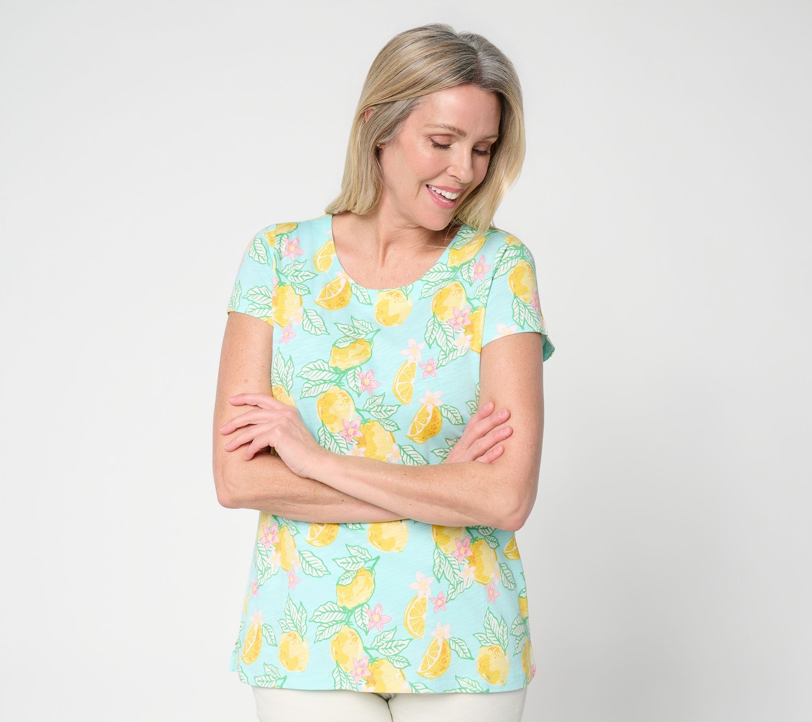 Belle by Kim Gravel Slub Knit Pulp Fiction Short Slv. Top Island Blue L New