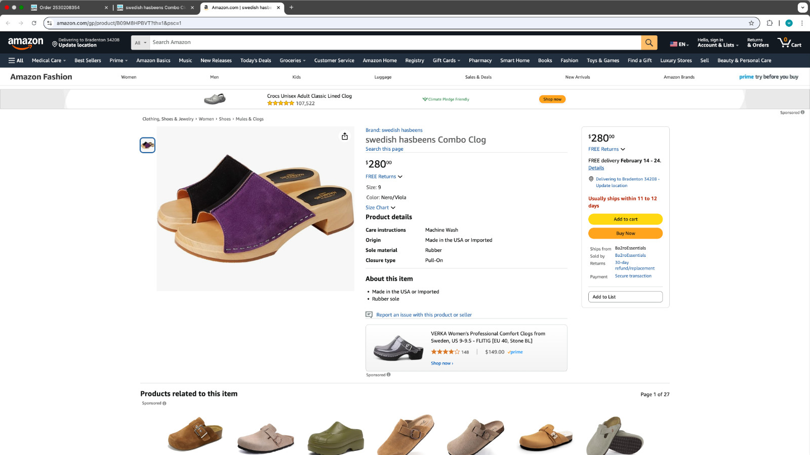 swedish hasbeens Combo Clog Nero/Viola 39 (US Women’s 9) B (M) Save $155.00