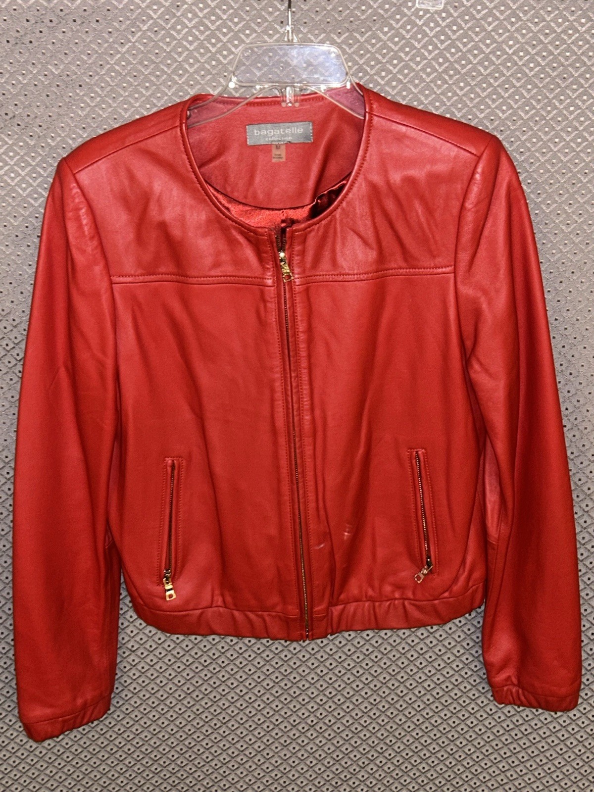 Bagatelle Collection Red Genuine Leather Jacket Womens M Collarless Gold Zip EUC