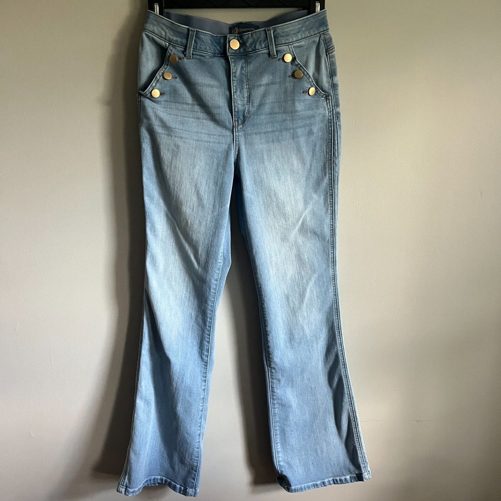 Democracy “Ab”Solution Skyrise Long Flare Jeans Powder Blue Sz 10 Button Pocket