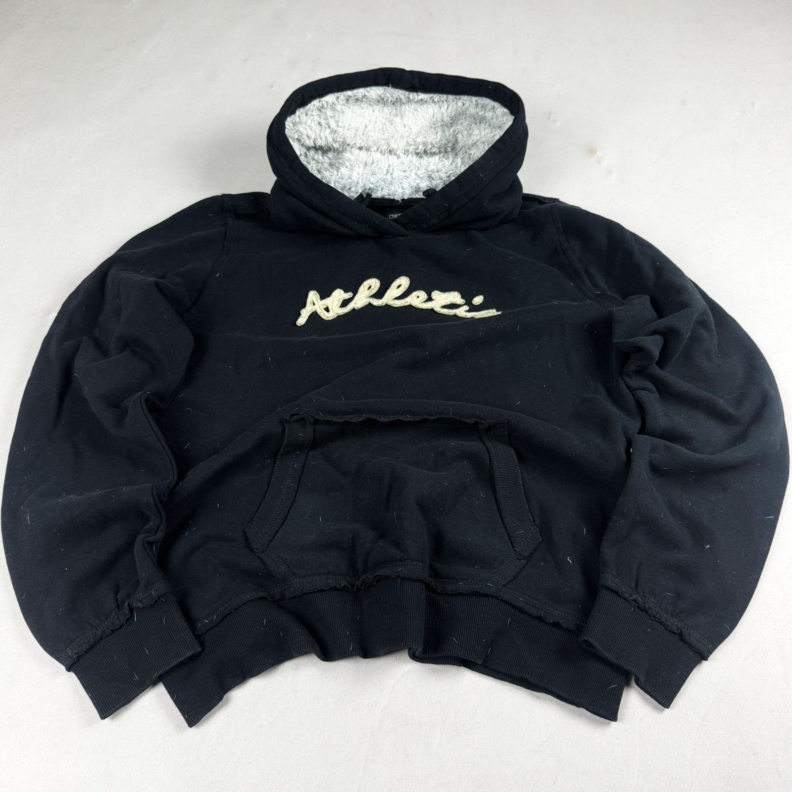 Mens Script Logo Hoodie Black Sherpa Lined Pullover Minimal Streetwear Sweatshir