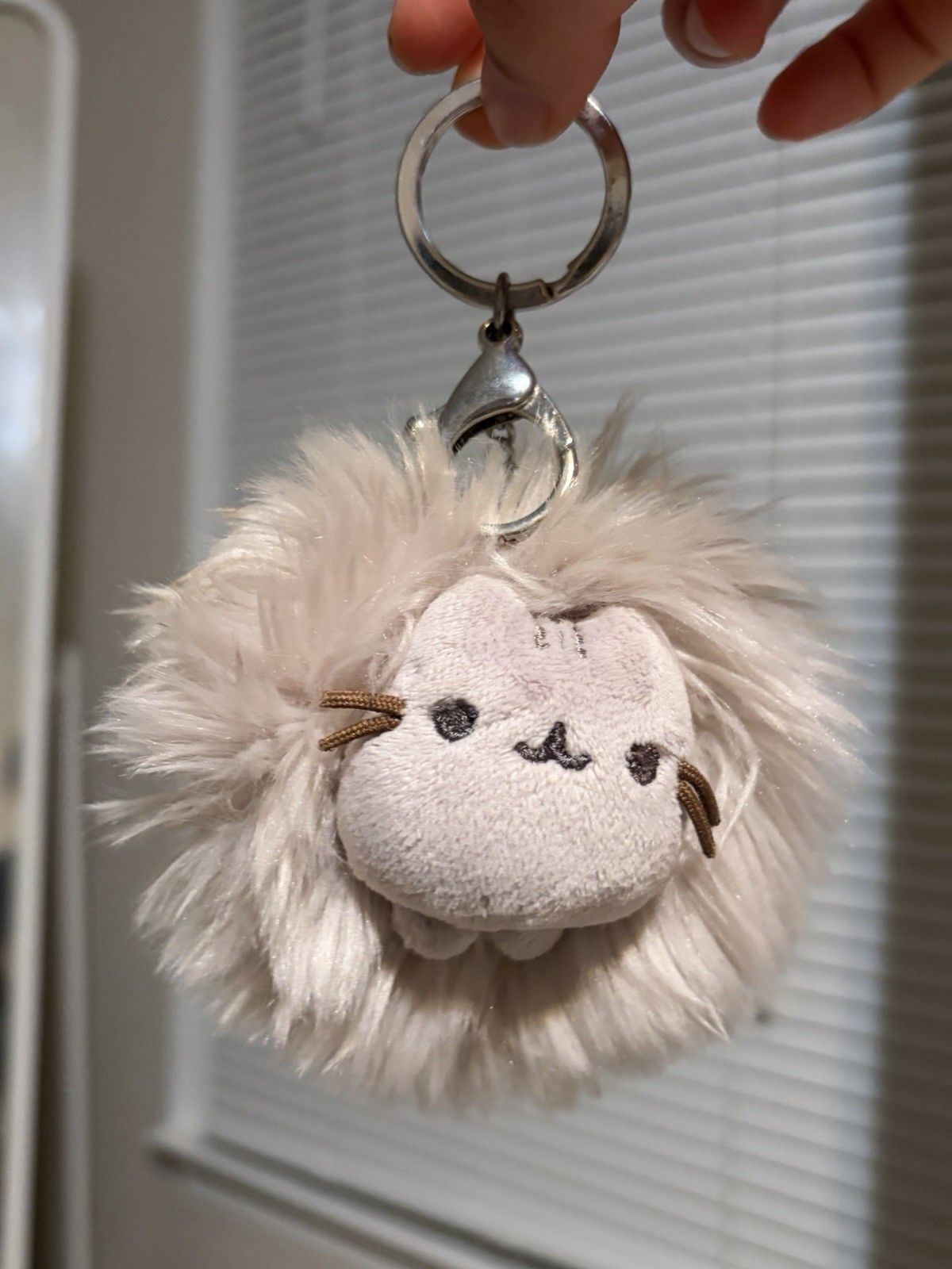 White Cat Pom Pom Keychain Faux Fur Plush w/ Metal Key Ring & Clip