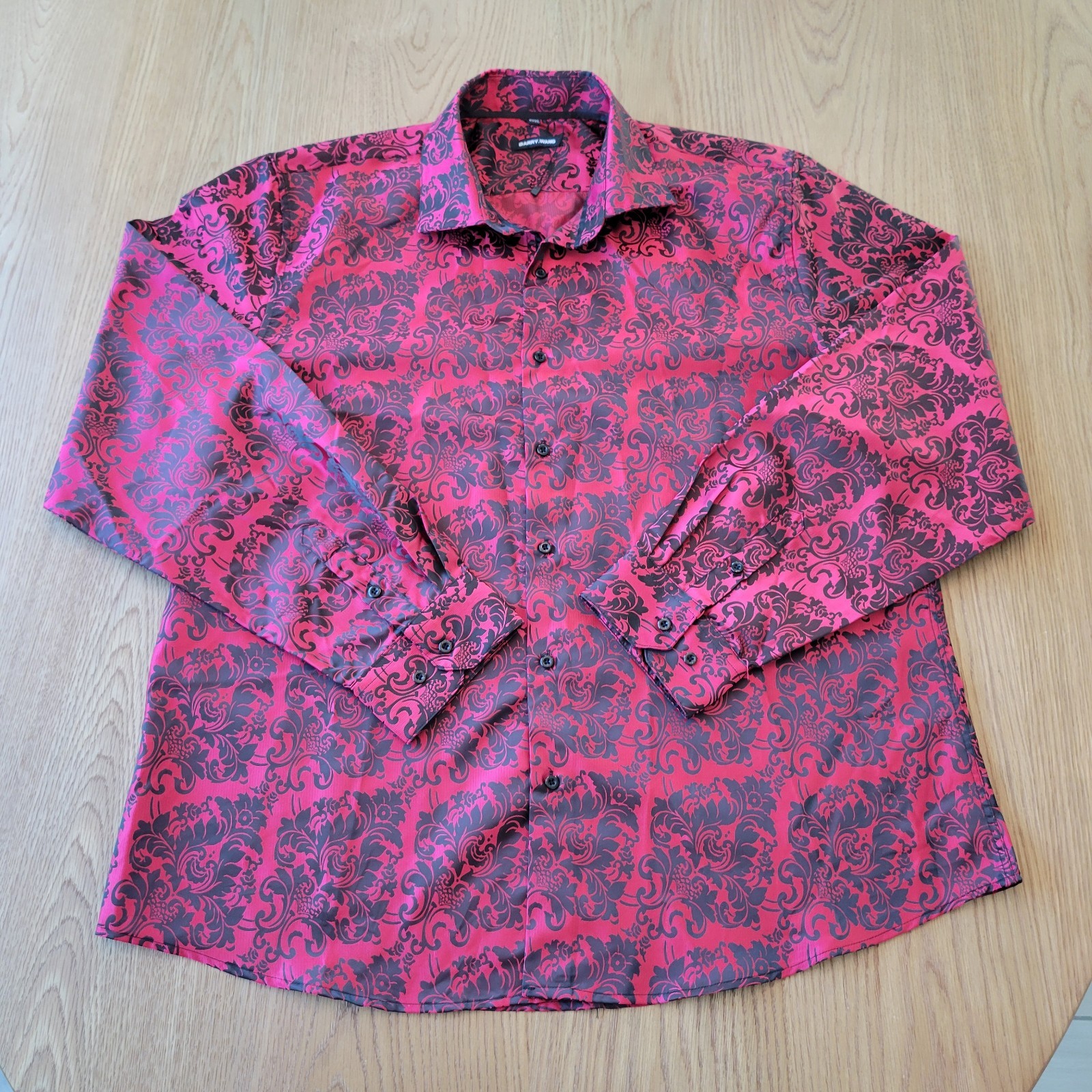 Barry Wang Long Sleeve Shirt 3XL Floral Red Black Metallic Shiny Silk Button Up