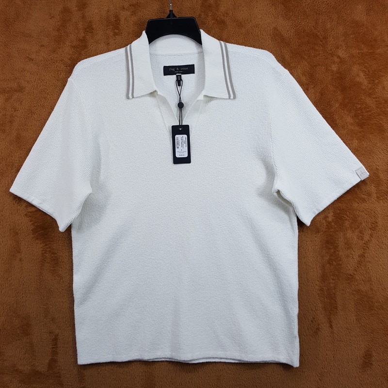 RAG & BONE Polo Shirt Mens Medium Off White V-Neck Johnny Zuma Toweling $228