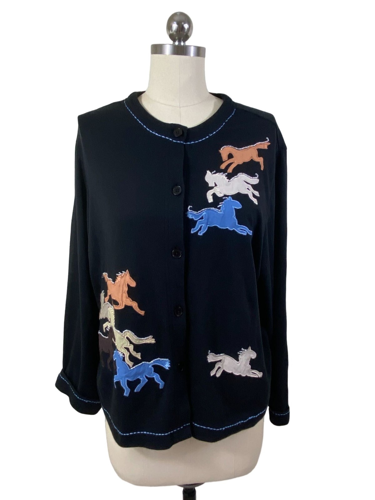 Blair Y2K Cardigan Womens Large Black Horses Western Equestrian Cowgirl Charm