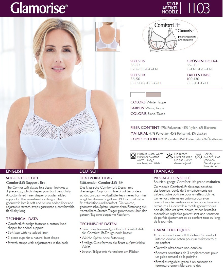 Glamorise ComfortLift Wire‑Free Bra • Full Coverage • Soft Lace • Support • 40F