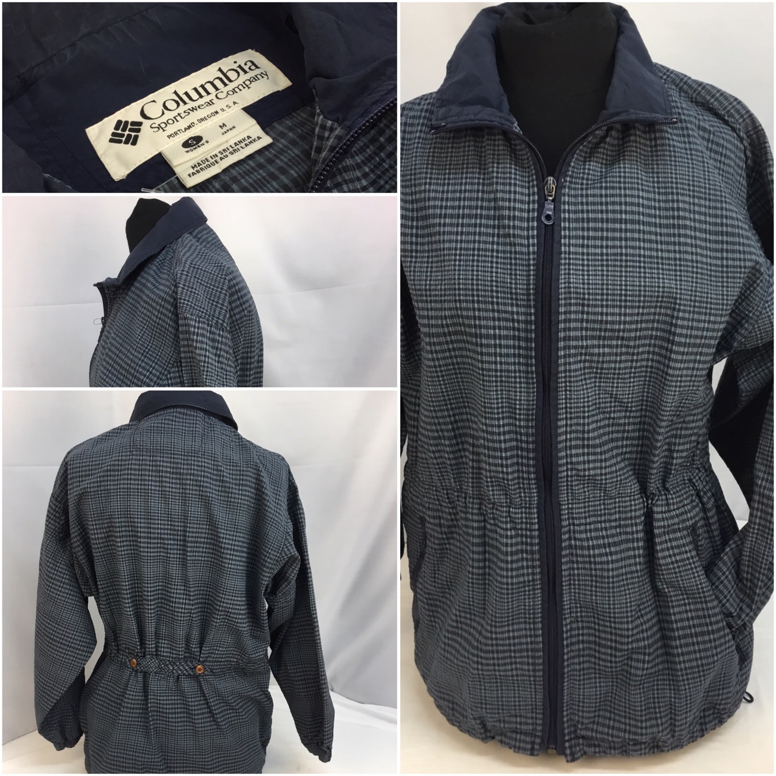 Columbia Jacket Medium Blue Check Nylon Poly Thigh Length Lined EUC YGI RE2159