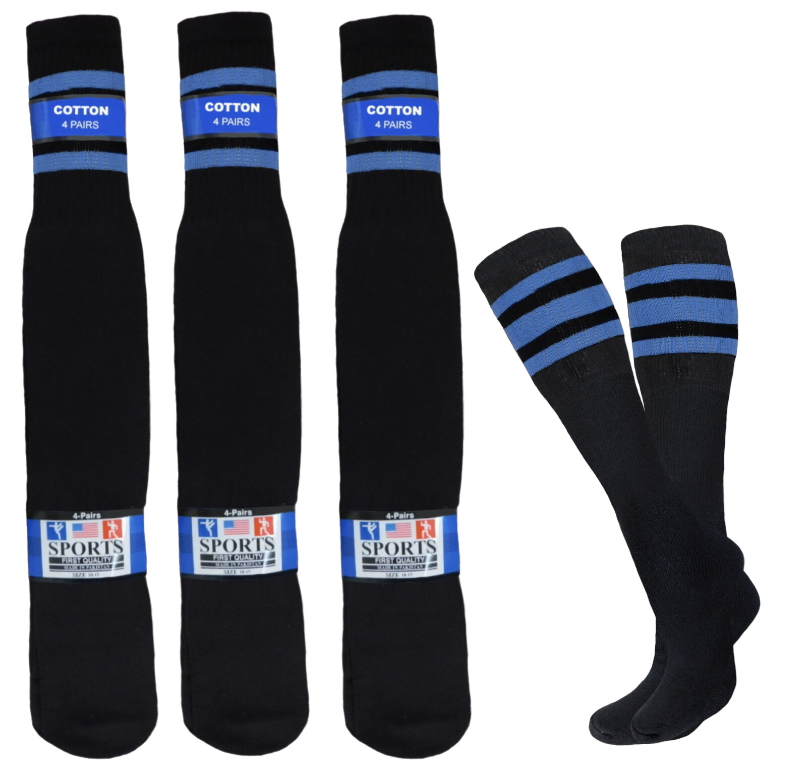12 PAIRS BLACK STRIPED TUBE SOCKS COTTON FULL CUSHION OLD SCHOOL SOCKS 22 INCH