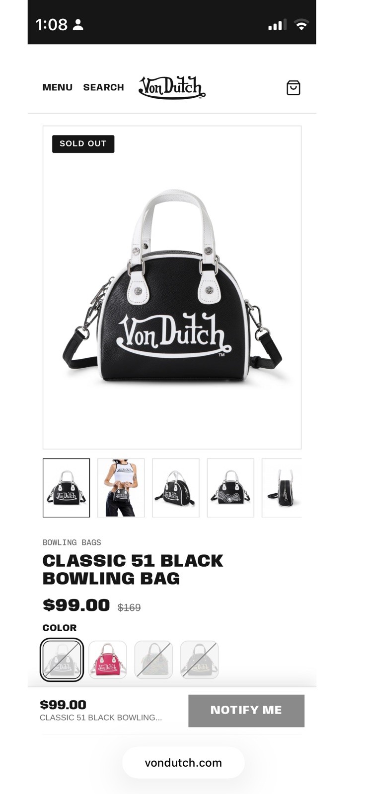 Von Dutch Classic 51 Black & White Flying Eyeball Bowling Crossbody Bag NWT Punk