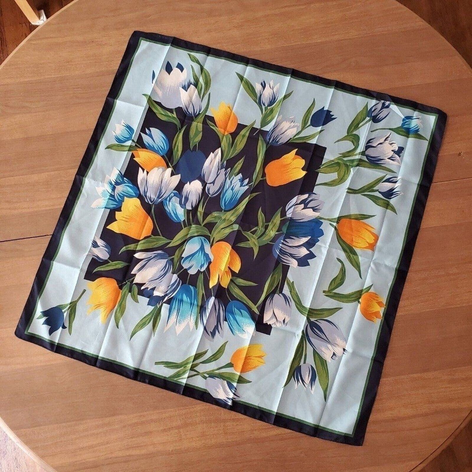 Womens Vintage Navy Blue Multicolor Tulip Floral Polyester Square Scarf Border