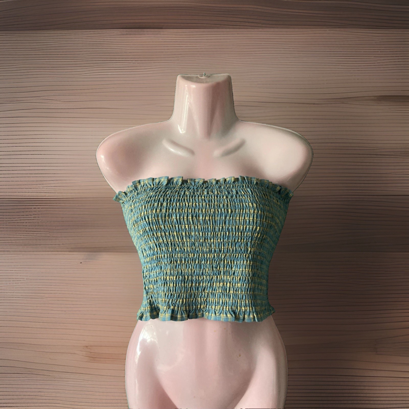 Ladies Olivia Bowen Mustard Blue Check Shirred Bandeau Sun Top Size 16 BNWT