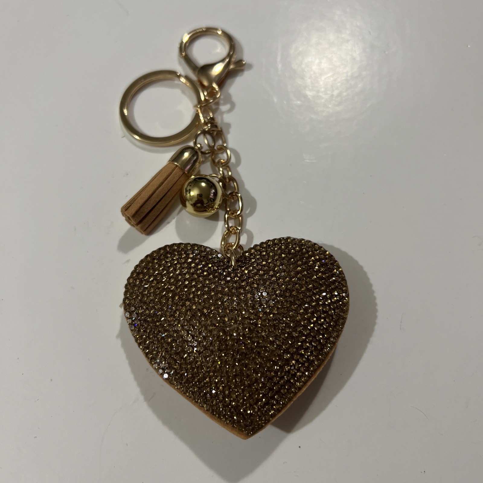 Rhinestones Heart Keychain Tassel Gold Tone