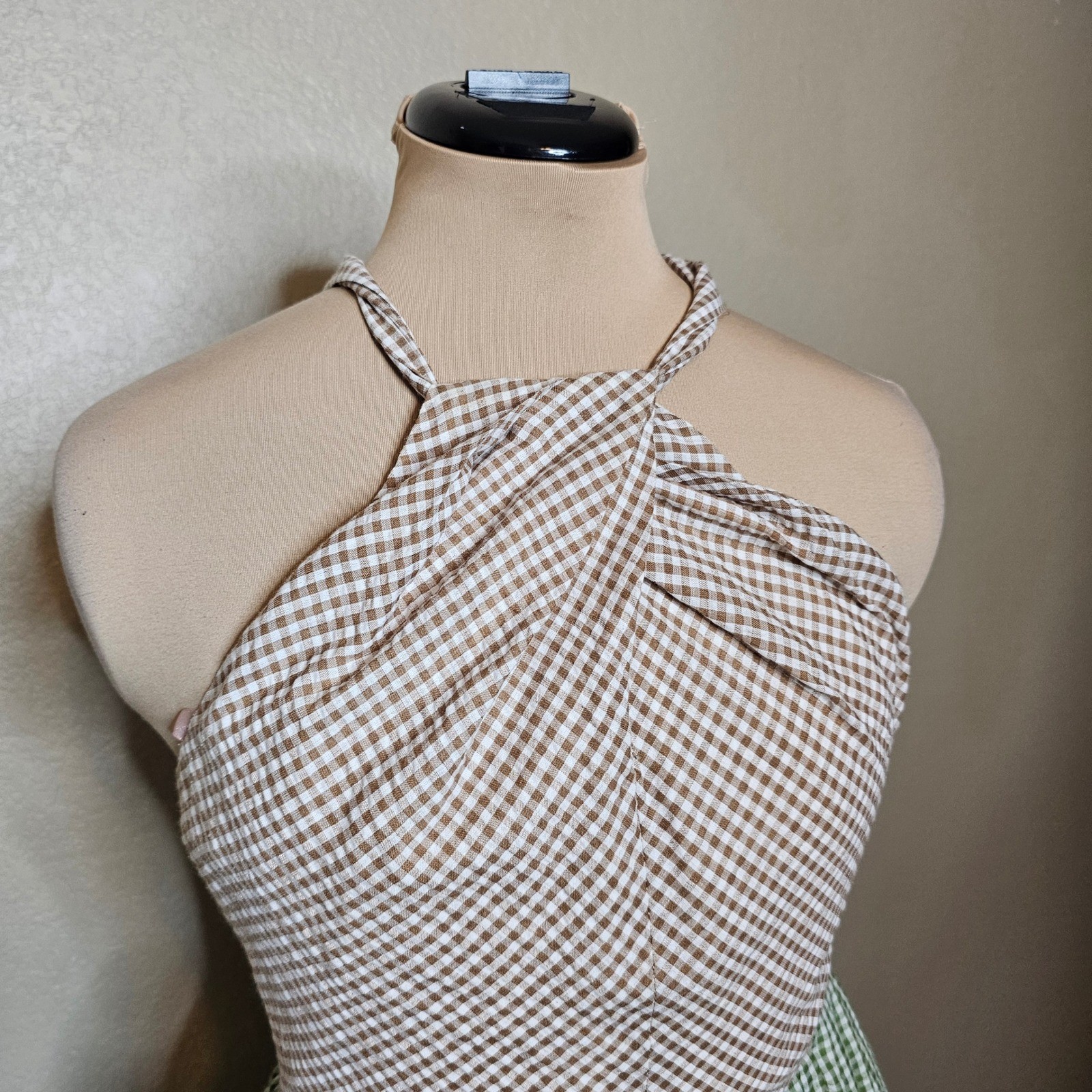 Gal Meets Glam Collection Gingham Halter Midi Dress Brown Green Size 0 Pockets
