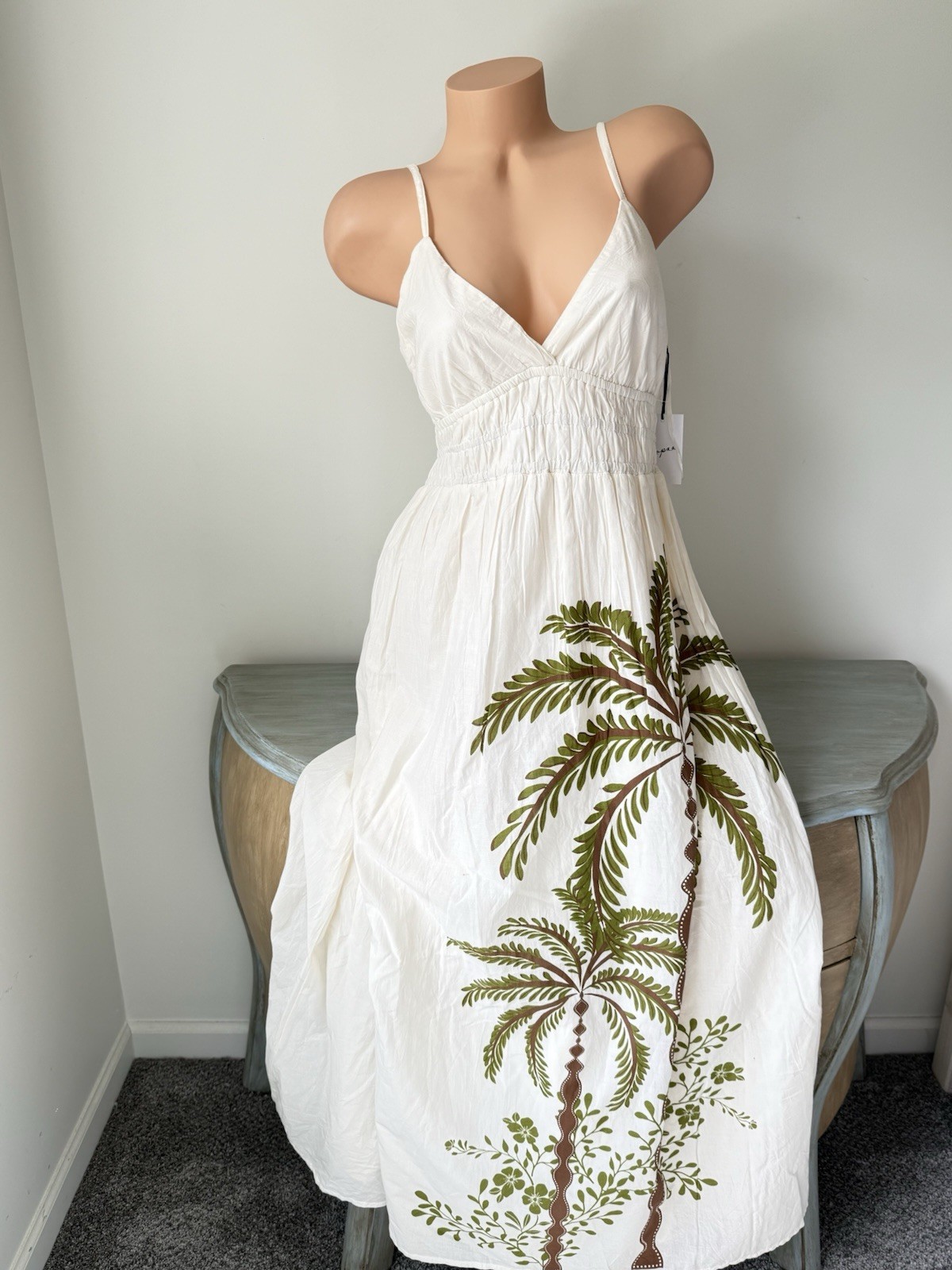 Tropical Palm Coconut Tree 100% Cotton Maxi Dress Medium Ivory NWT Farm Rio-Feel