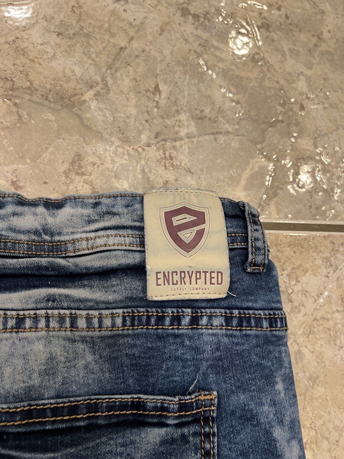 ENCRYPTED Men’s 40 Acid Wash Biker Jeans Slim Fit Moto Skinny Blue Denim
