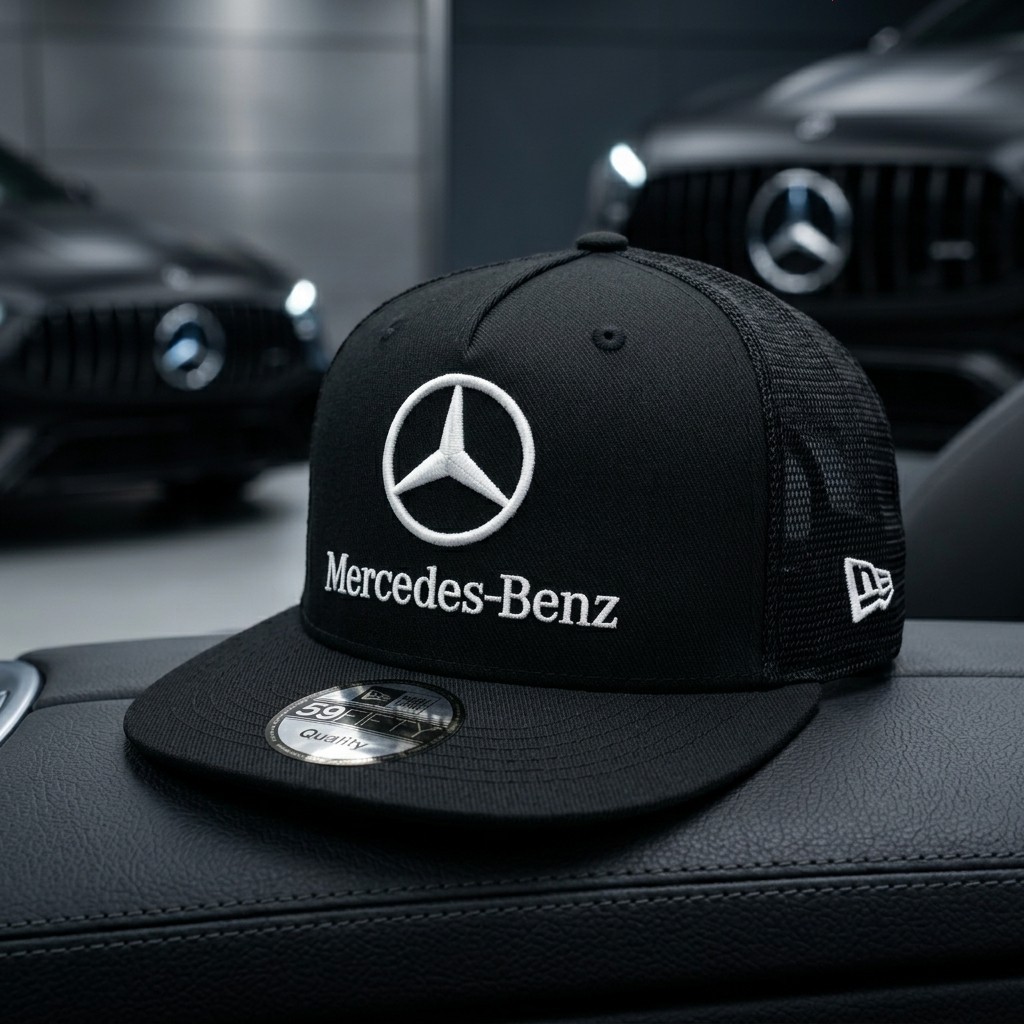 Mercedes Benz Embroidered Trucker Hat Black Mesh Snapback Flat Bill Cap