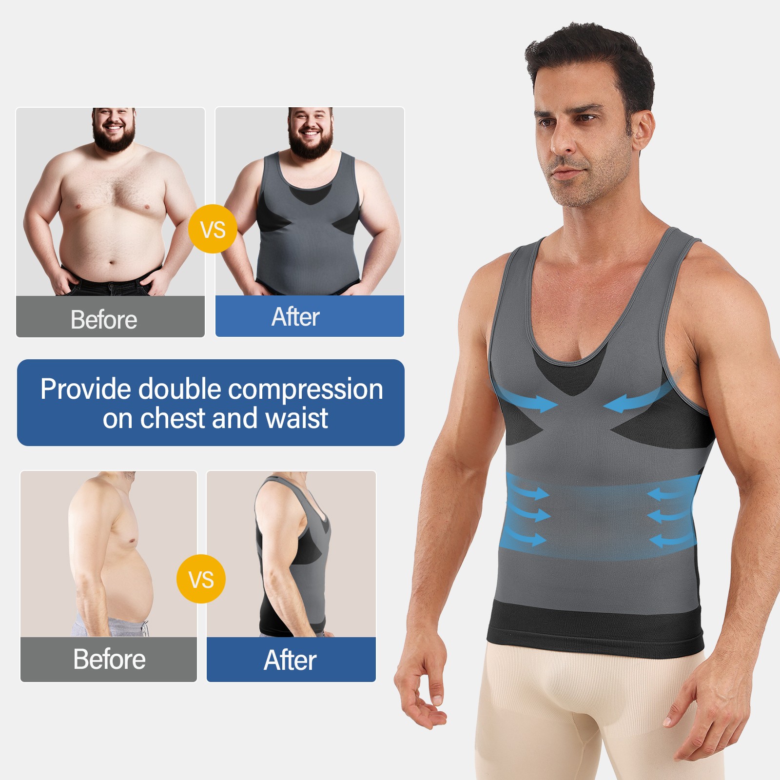 4Pack Men Slimming Body Shaper Posture Corrector Vest Abdomen Compression Shirts