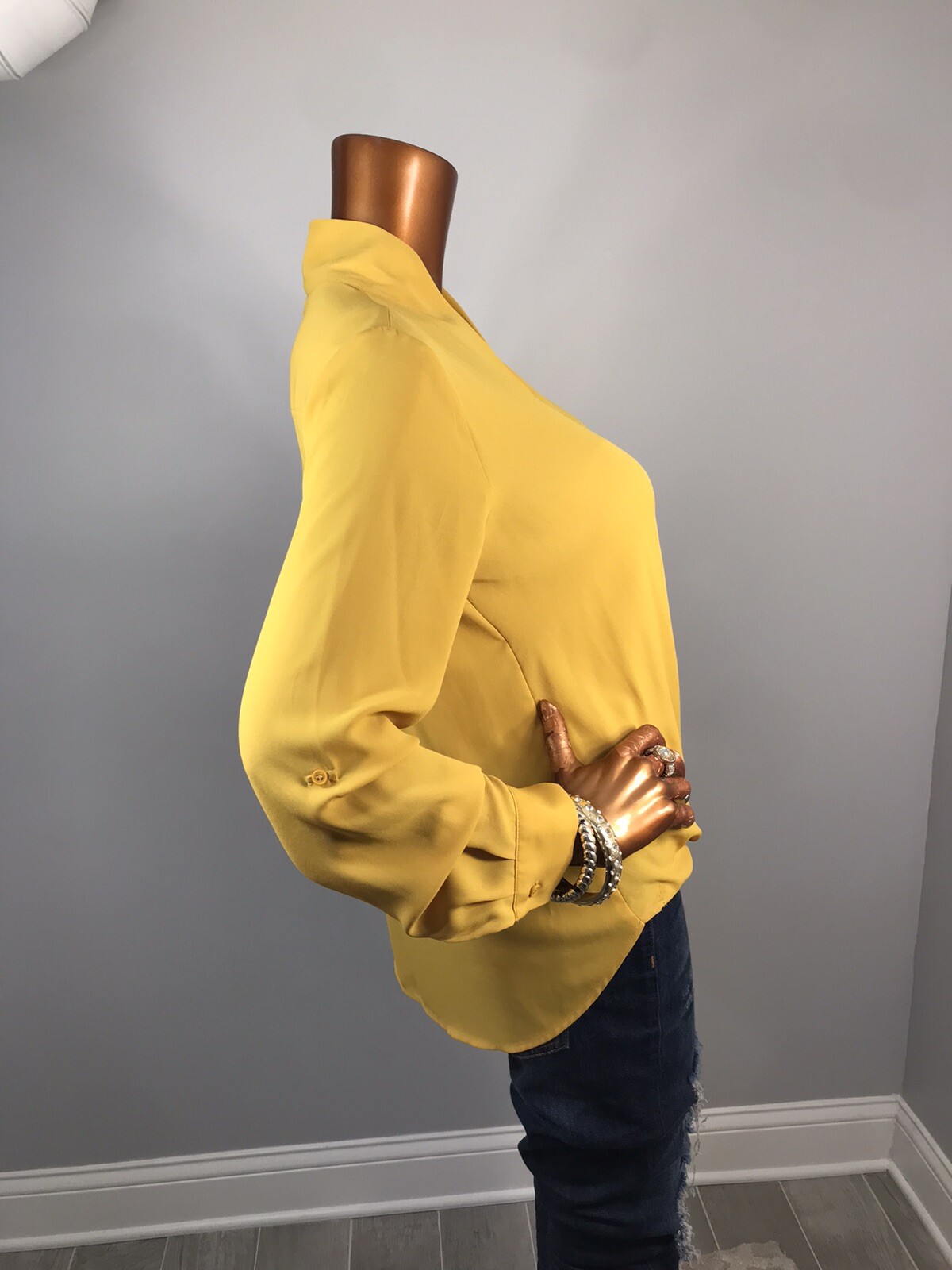 Pleione S Top Mustard Long Slvs Low V Cut Crossbody Blouse NWT High Low
