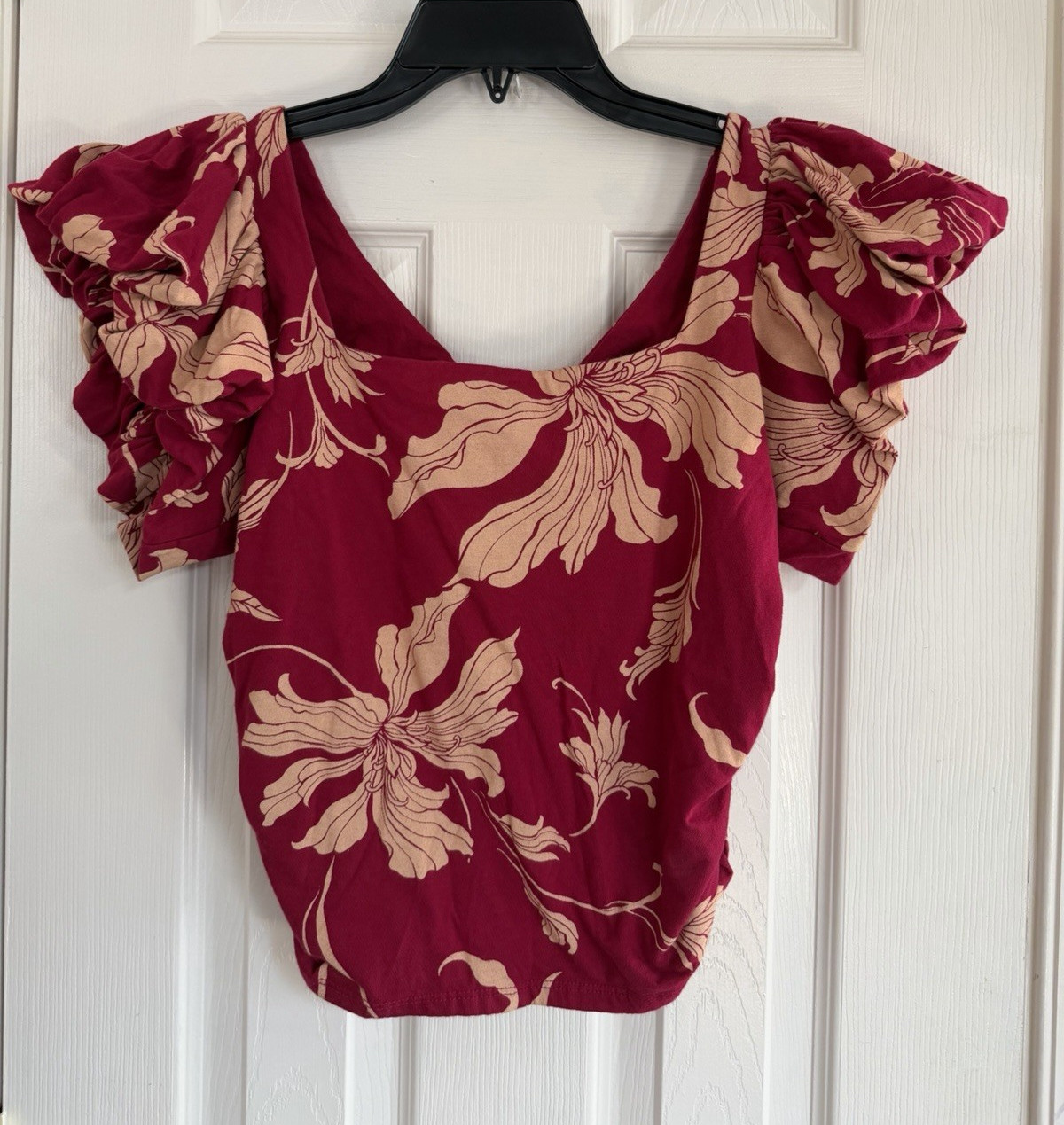 Express Women’s Red cream Floral Puff-Sleeve crop Top shirt S y2k square neck