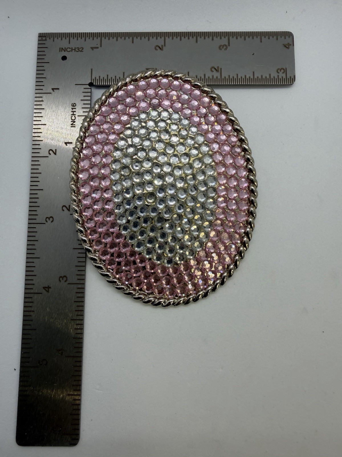 Vintage Pink & Silver Rhinestone Metal Belt Buckle Textured Disco Look 3.5in