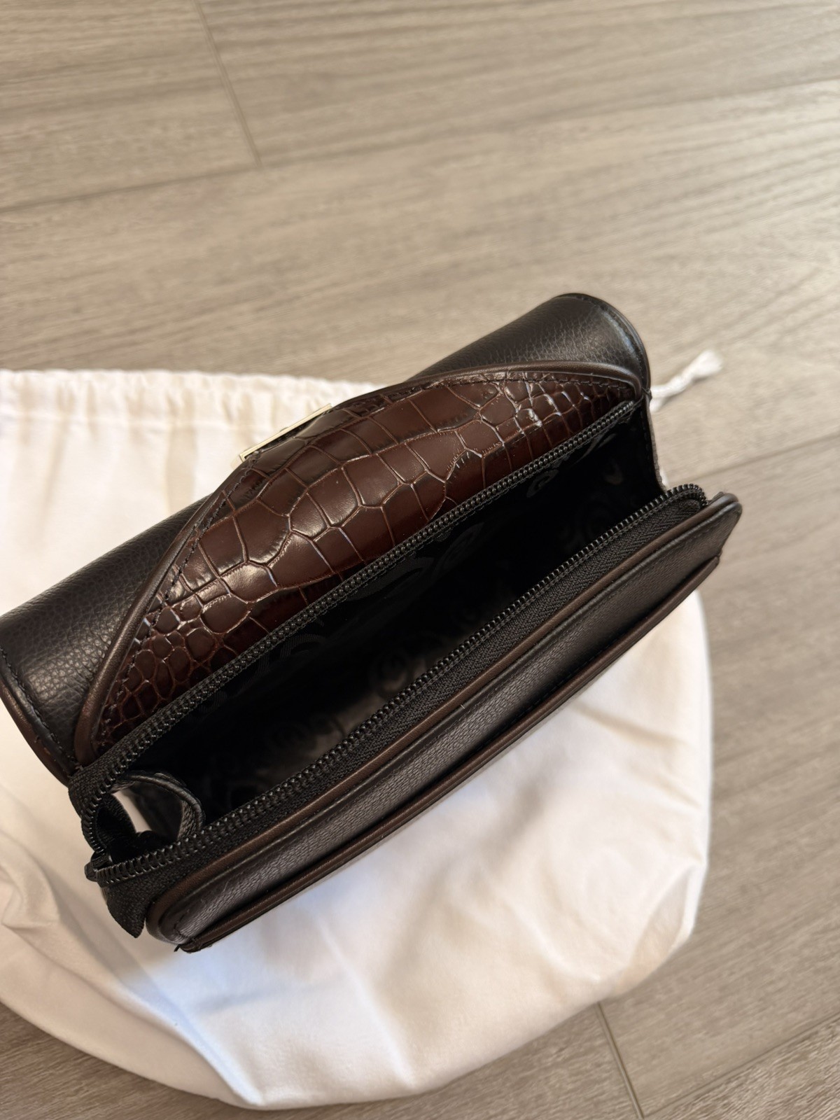 Brighton Nepal Organizer Black Brown Leather Purse Wallet Bag w/ Dust Bag