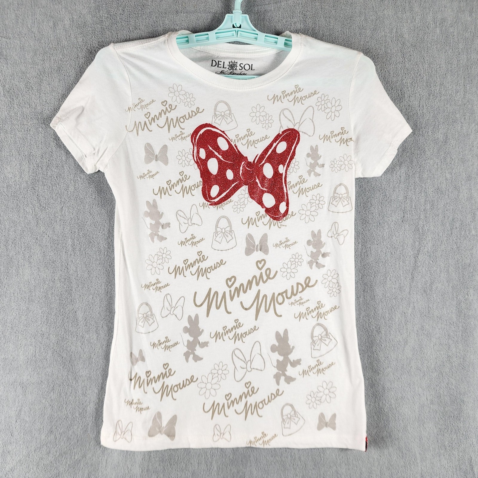 Disney Graphic Perfect Tee Shirt Women Medium White Minnie Mouse Glitter Bow