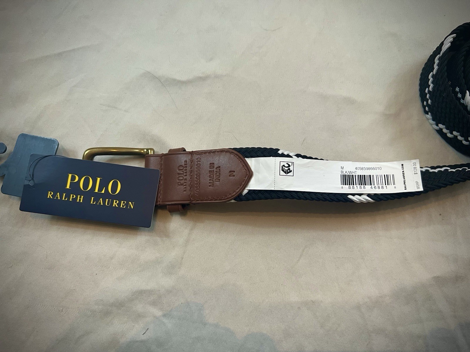 Polo Ralph Lauren Belt Webbed Stretch Cotton Leather Buckle Engraved Logo Size M