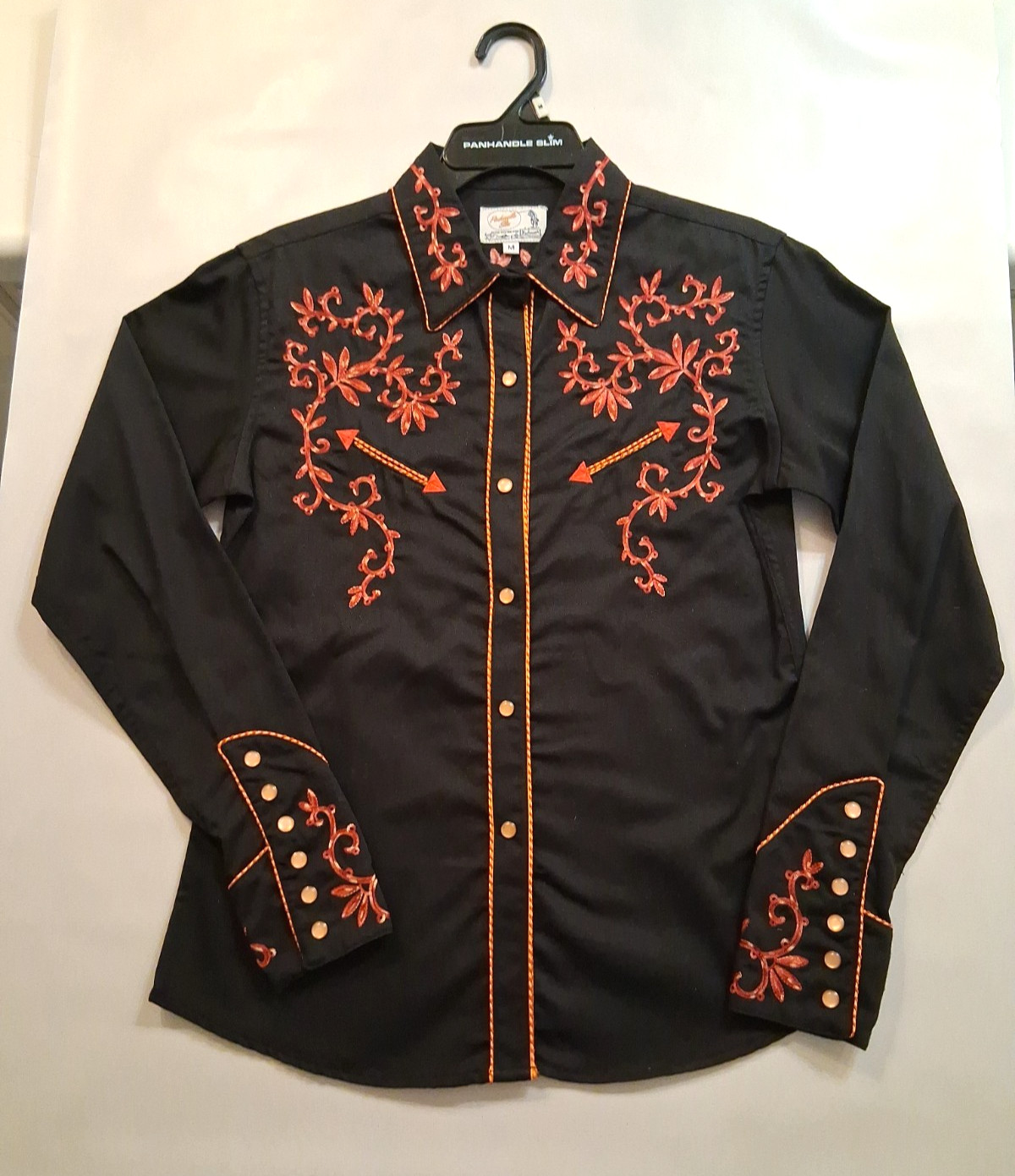 Vtg Panhandle Slim Retro Western Shirt Black Red Embroider Pearl Snap Women Med