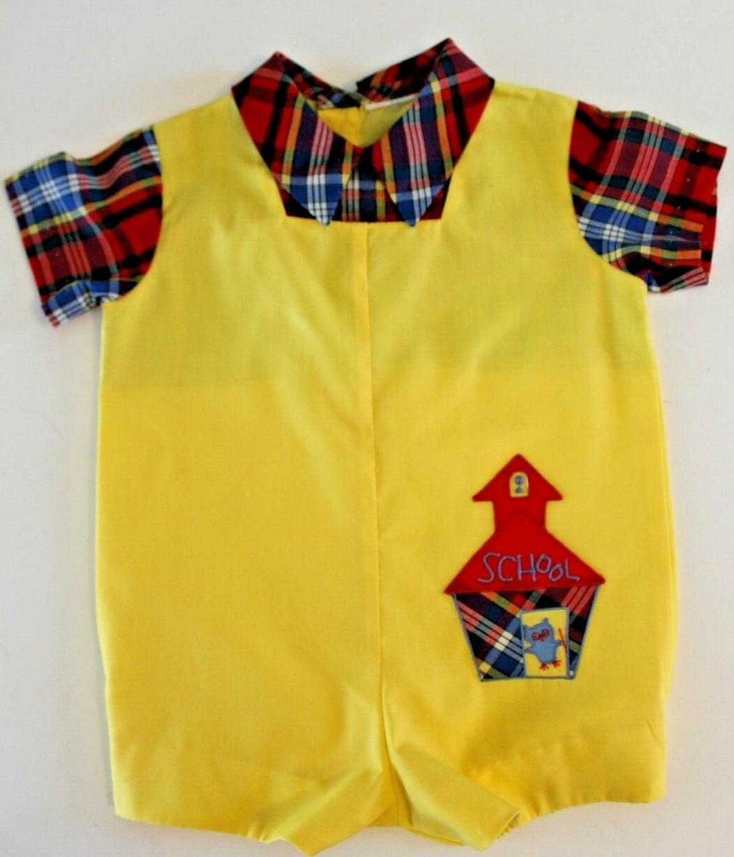 Vintage Infant Boy 3-12 mos 1-piece Short Play suit SCHOOL EUC Yellow & Plaid