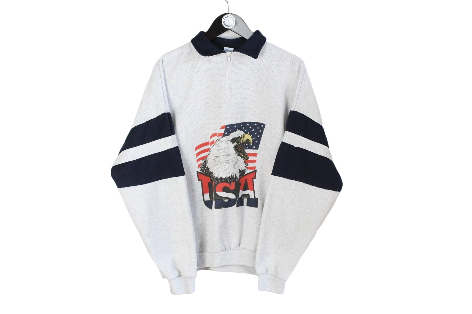 VINTAGE USA SWEATSHIRT 1/4 ZIP SIZE M gray big logo 90s Eagle animal print