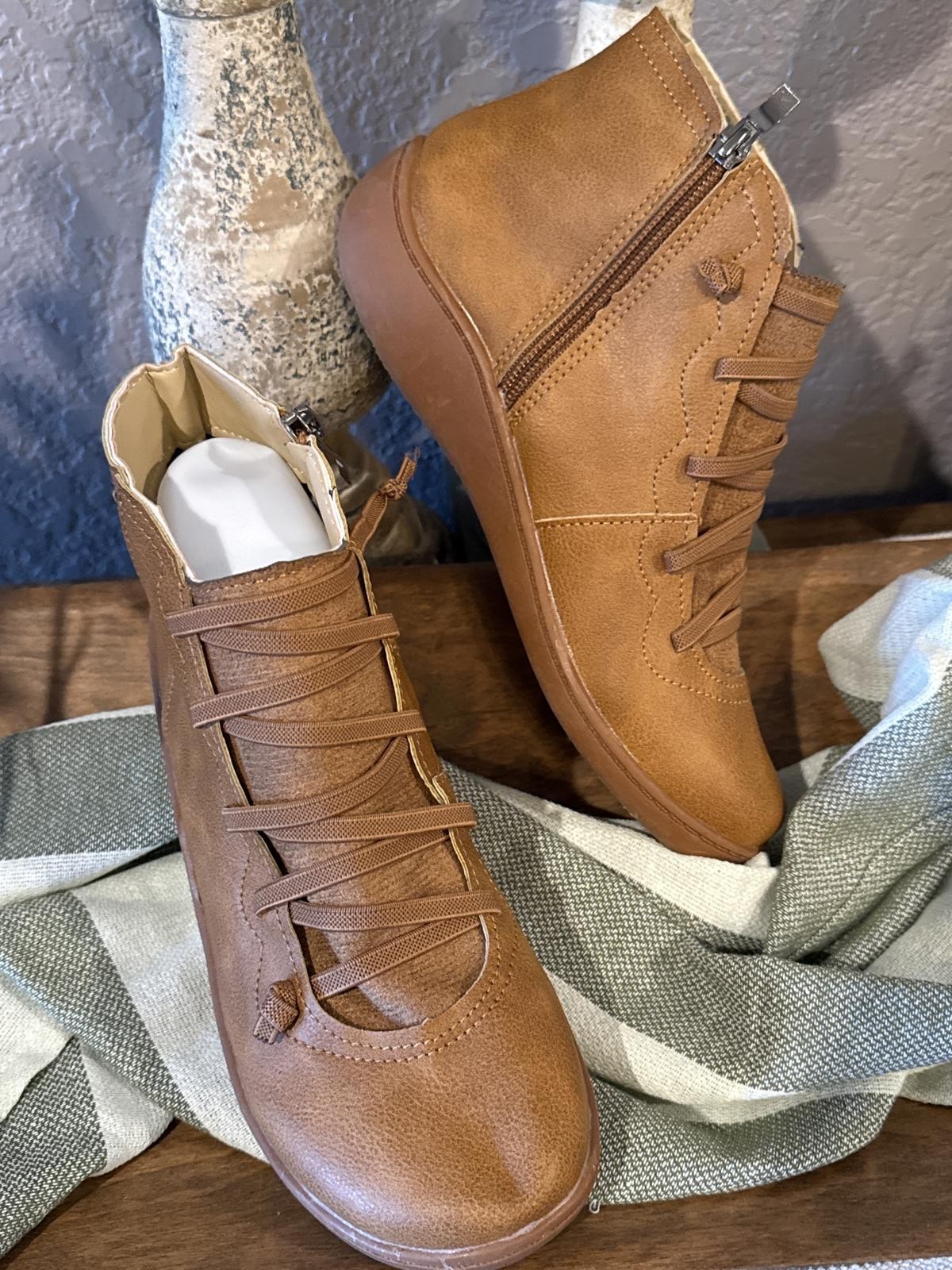 Brown Ankle Boots with Side Zipper and Lace-Up Detail