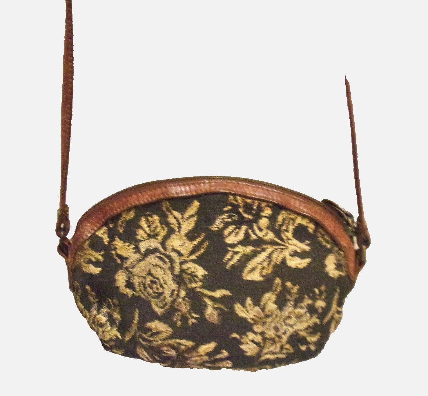 Vtg Liz Claiborne Black & Lt Tan Floral Tapestry Fabric Leather Trim CB / Sh Bag