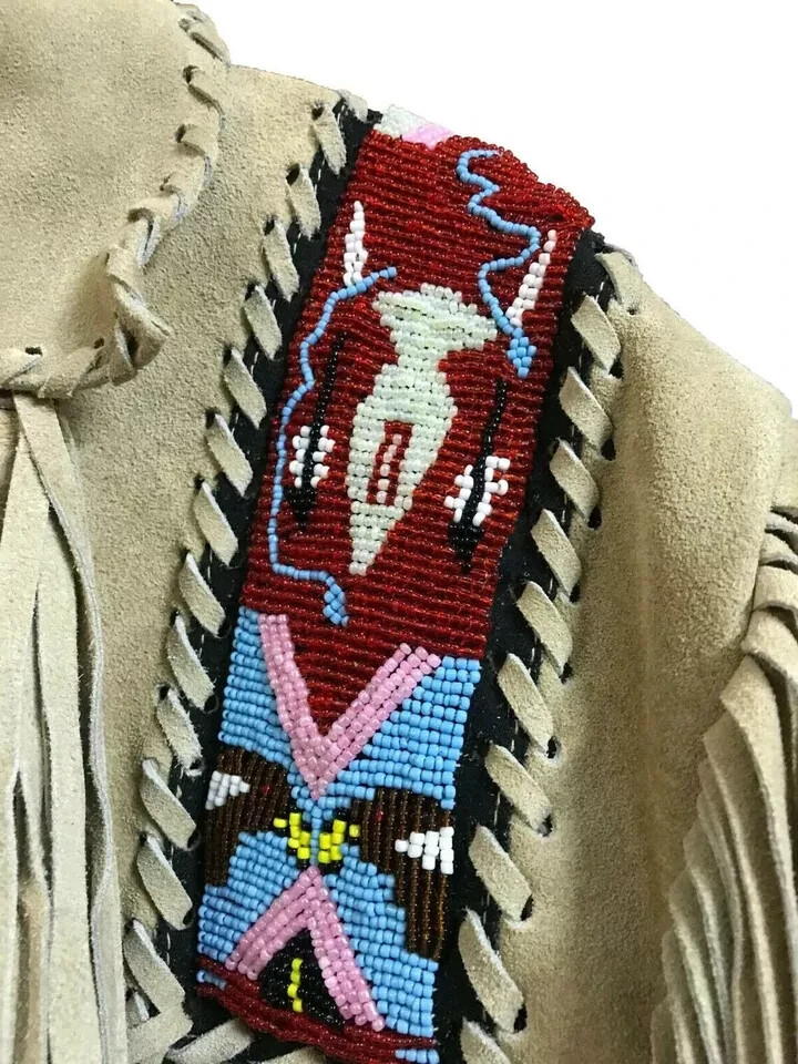 Men Western Cowboy Suede Fringe Jacket Beaded Native American Leather Jacket